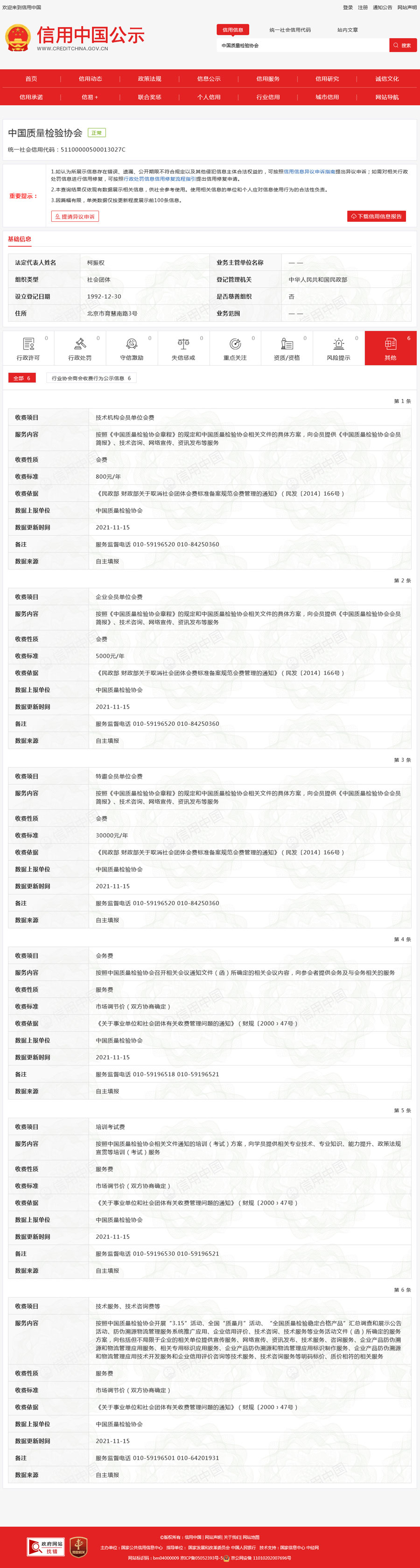 信用中國公示 中國質(zhì)量檢驗(yàn)協(xié)會(huì)統(tǒng)一社會(huì)信用代碼：51100000500013027C
